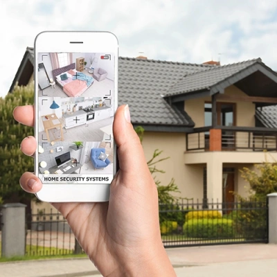 Hoover vivint phone display of cctv live feed in front of a house